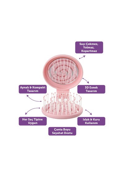Beauty Makaron Saç Fırçası - 3d Esnek, Aynalı, Çanta Boy - Compact Detangler Pembe