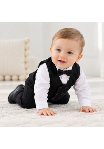Maxx Kleın Erkek Bebek Siyah Yelekli Takım Elbise Gömlek Papyon Pantolon 6-9-12-18-24 Ay