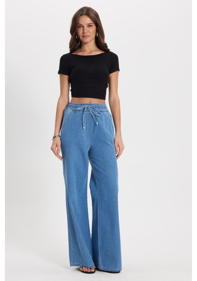 Tudors Kadın Relax Fit Rahat Kesim %100 Pamuk Beli Bağcıklı Lastikli Denim Efektli Açık Mavi Palazzo Pantolon-50830 Tudors Kadın Relax Fit Rahat Kesim %100 Pamuk Beli Bağcıklı Lastikli Denim Efektli Açık Mavi Palazzo Pantolon-50830