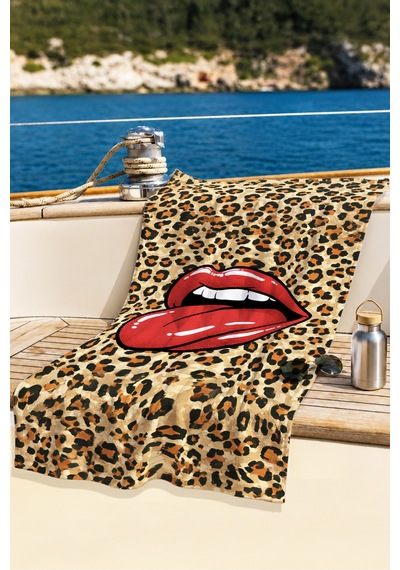 Leopar Dudak Figürlü Plaj Havlusu - Pop Art Modern Kırmızı Bej Havuz Deniz Hızlı Kuruyan Plaj Örtüsü Çok Renkli