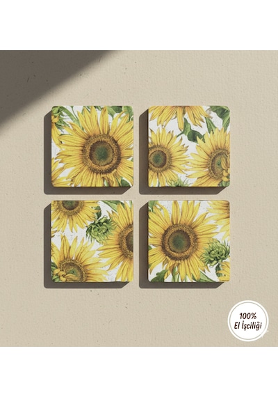 10x10 Traverten Eskitme 4 Lü Takım El Yapımı Çiçek Desenli Bardak Altlığı Sarı