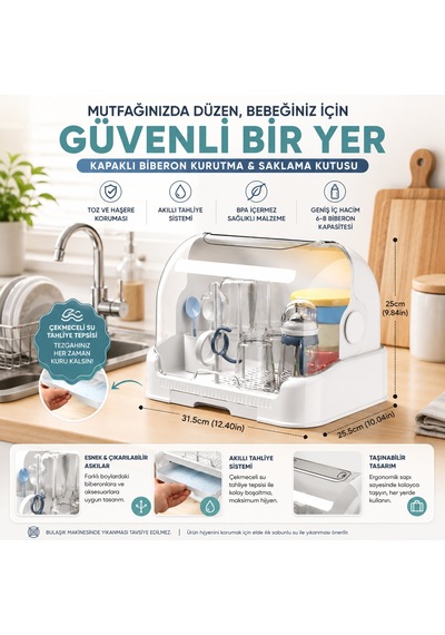 Kapaklı Bulaşıklık Biberon Kurutucu Ve Saklama Kutusu Toz Geçirmez Mutfak Bulaşık Kurutmalığı Çekmeceli Su Tahliyeli Çok Amaçlı Kurutma Rafı Beyaz