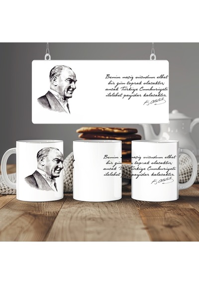 Atatürk Sözleri Ve Resmi Kupa Bardak - Mustafa Kemal İmzalı - '' Benim Naciz Vücudum '' Beyaz