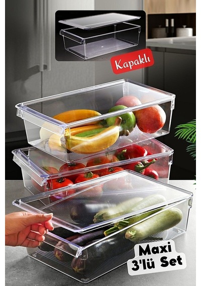 Hitfoni Kapaklı Büyük Tall Clear Buzdolabı & Dolap Içi Düzenleyici  3 Ade
