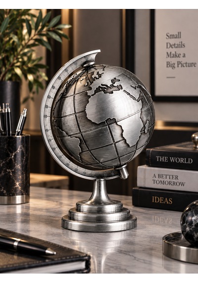 Dekoratif Metal Dünya Küresi Silver