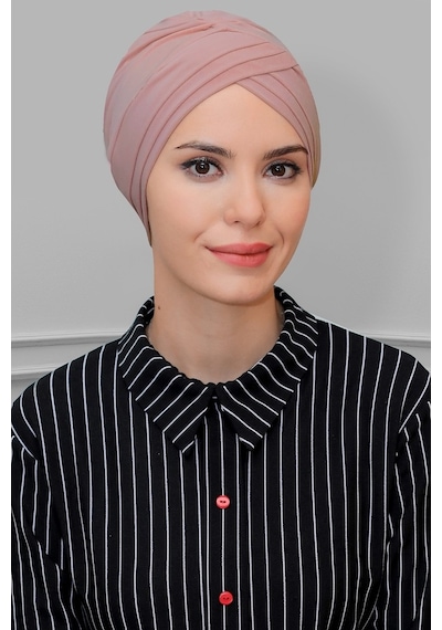Hürrem Bone Pudra Pratik Hazır Geçmeli Tesettür Bone Sandy Kumaş Üç Çapraz 18 Pudra