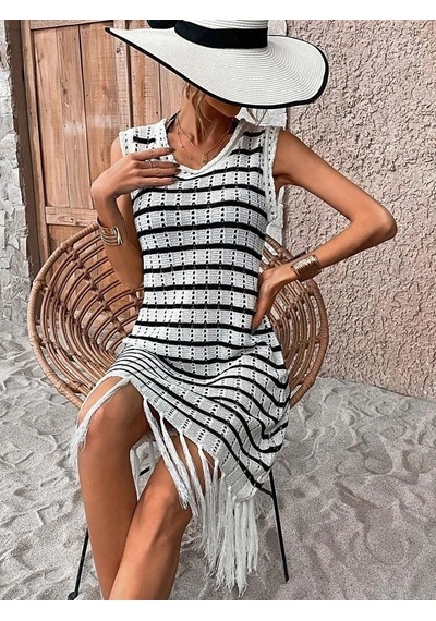 Veraura Lifestyle Kadın Kolsuz Eteği Püsküllü Çizgi Desen Triko Elbise BEYAZ