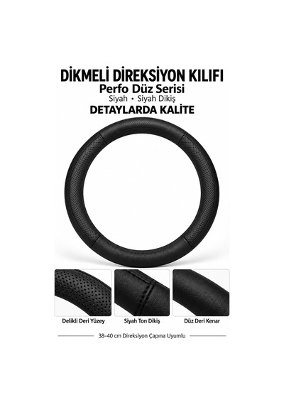 Trobus Audi A6 2019-2025 Uyumlu Dikmeli Direksiyon Kılıfı Perfo Düz Siyah Siyah Dikiş Siyah - Siyah Dikiş