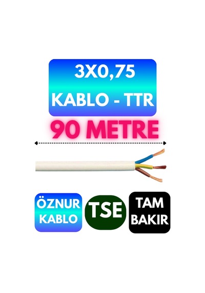 Öznur 3x0,75 Ttr Kablo Beyaz Metre Seçenekli - 90 Metre