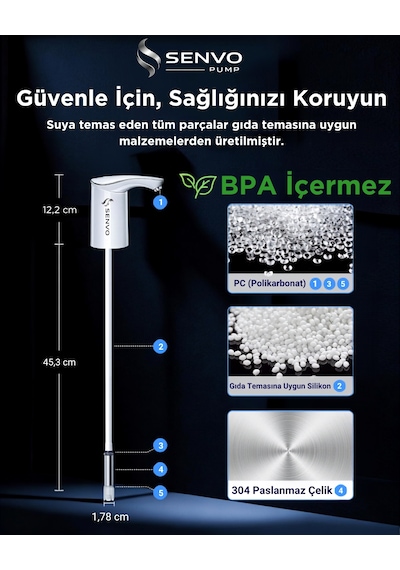 Senvo Pump Damacana Su Pompası Hızlı Dolum, Ultra Sessiz, Tek Şarjla 15 Damacanaya Kadar Beyaz