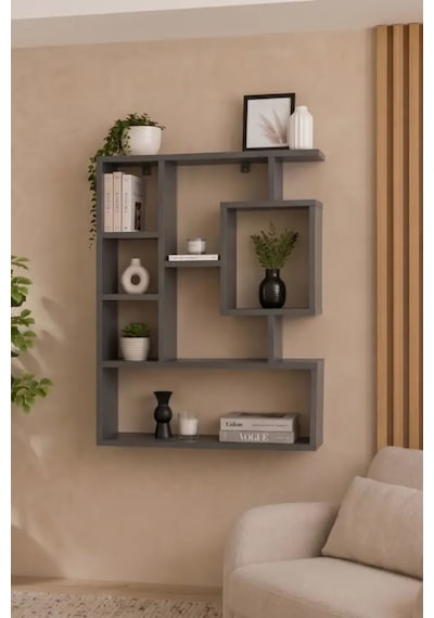 Reyo Enda Home Bigane Büyük Dekoratif Duvar Rafı 70,9 93,6 Cm, Asimetrik Çok Bölmeli Duvara Monte Raf - Antrasit