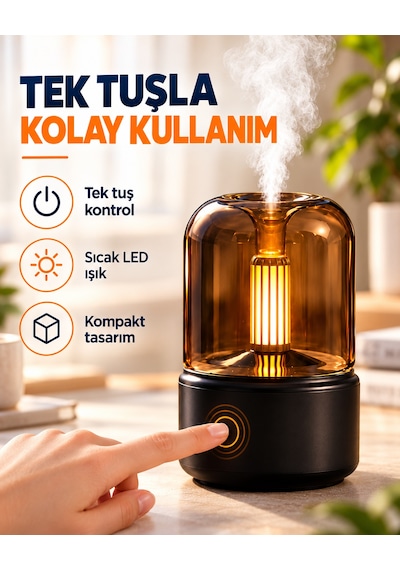 Mum Alevi Efektli Aroma Difüzör Dekoratif Hava Nemlendirici Sıcak Işıklı Dokunmatik Tuşlu Masaüstü Buhar Makinesi Siyah