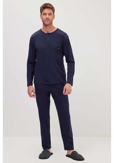 Tudors Erkek Standart Fit Normal Kesim %100 Pamuk Bisiklet Yaka Beli Lastikli Lacivert Pijama Takımı-37946 Lacivert