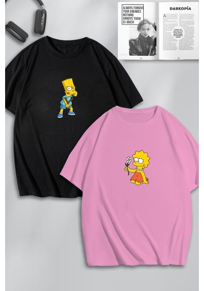 Unisex Kadın Erkek The Simpsons Baskılı Sevgili Çift Kombini Tasarım Oversize Tshirt 2li Pembe Siyah Mck0450 Çok Renkli