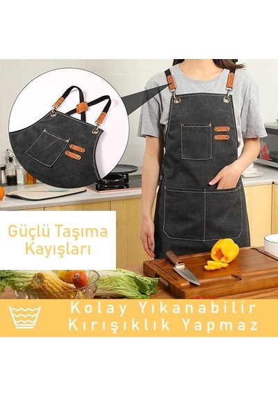 Valkyrie Unisex Kanvas Mutfak Önlüğü Ayarlanabilir Askılı Cepli Barista Garson Servis Önlüğü Siyah