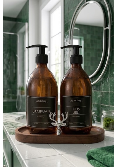 Amber Şişe Sabunluk Cam İkili Şampuan-duş Jeli Banyo Düzenleyici Klasik Gümüş Geyik Ahşap Standlı 500ml