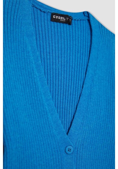 Defacto Coool Regular Fit Crop Düğmeli V Yaka Triko Hırka A2076AX23AUBE124 Mavi