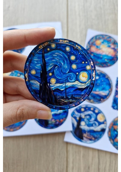 Kolbi Craft 12 Adet Vitray Van Gogh Sticker Seti Bullet Journal Laptop Termos Scrapbook Renkli Cam Yuvarlak Abanoz