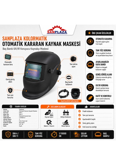 Sanplaza Kolormatik Otomatik Kararan Kaynak Maskesi Uv Korumalı Ayarlı Başlık Kaynakçı Baş Maskesi