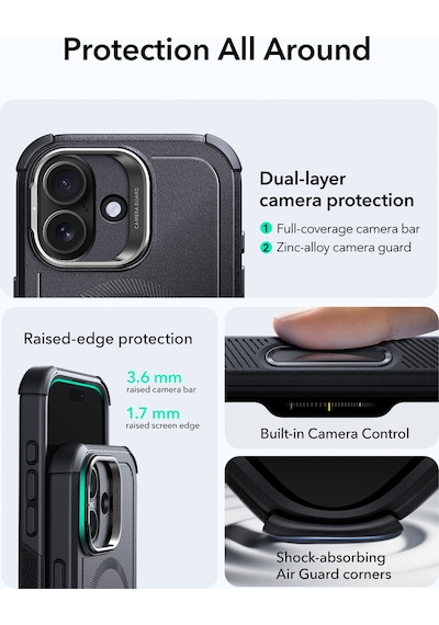 Esr Apple Uyumlu iPhone 17 Cyber Tough Manyetik Kılıf Kamera Kontrol Özellikli Stantlı Siyah