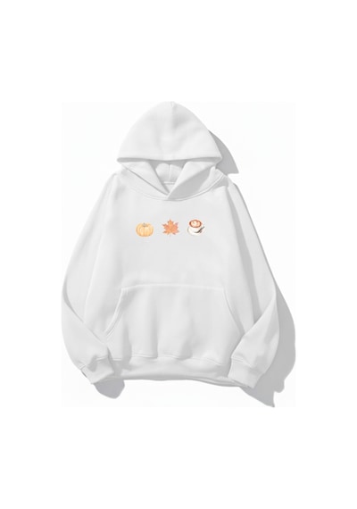 Uyguntarz Unisex Yumuşak Dokulu Pumpkin Spice & Cozy Vibes Baskılı Tasarım Oversize 3 İplik Hoodie Sweatshirt beyaz