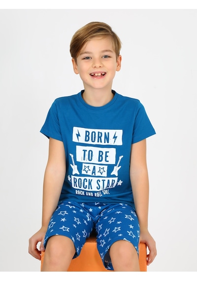 Vitmo Erkek Çocuk Kısa Kollu Kapri Pamuklu Rock Star Pijama Takımı İndigo