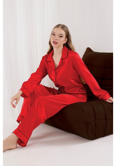 Nbb Kadın Kırmızı Saten Siyah Biyeli Pijama Takımı
