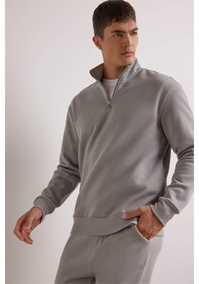 Defacto Regular Fit Dik Yaka Yarım Fermuarlı İçi Yumuşak Tüylü Basic Düz Sweatshirt X7405az25augr198 Gri
