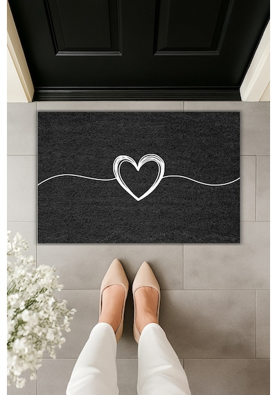 Rugmood Modern Dijital Baskı Paspas - Kalpli Paspas - Kapı Önü Paspası 70x45cm Siyah