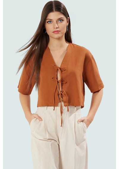 Ersefa Önden Bağcıklı Crop Bluz V Yaka Dokuma Terrycotton Kumaş Rahat Gü Kahverengi