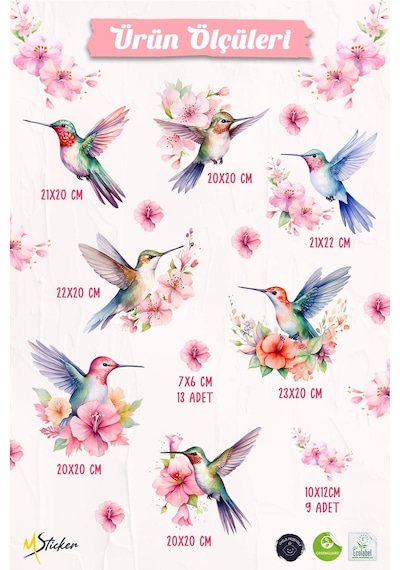 Çif Taraflı Baskılı Bahar Kuşları Ve Çiçekler Temalı Cam Sticker Seti 29 Parça Bahar Temalı Sticker Dijital Baskı