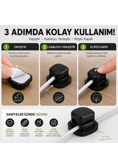 Polham 6 Lı Set Klipsli Kablo Tutucu Yapışkanlı Masaüstü Kablo Düzenleyici, Şarj Usb Mouse Kulaklık Kablo Sabitleyici