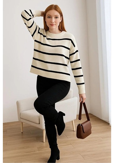 Fashion Friends Bisiklet Yaka Çizgili Bej Kadın Kazak 25k0093k1