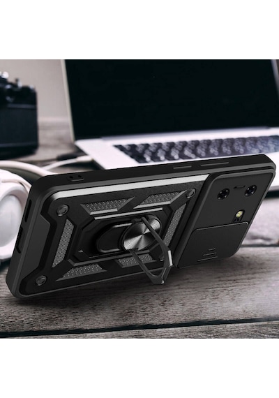 Tecno Pova 5 Kılıf Magnetik Standlı Kamera Korumalı Sürgülü Vega Kapak - Siy Siyah Siyah