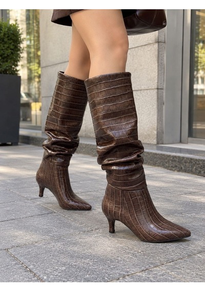 Asmi Shoes Kadın Oslo Kahve Kroko Topuklu Körüklü Şık Tarz Günlük Rahat Çizme