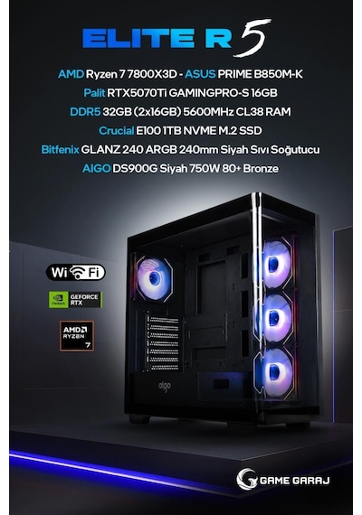 Game Garaj ELITE-R5 R7-7800X3D RTX5070Ti 32 GB 1 TB SSD Free Dos Oem Paket Masaüstü Oyuncu Bilgisayarı