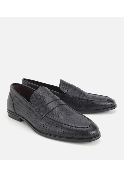 Hotiç Erkek Deri Siyah Yumuşak Dokulu Baskılı Klasik Loafer