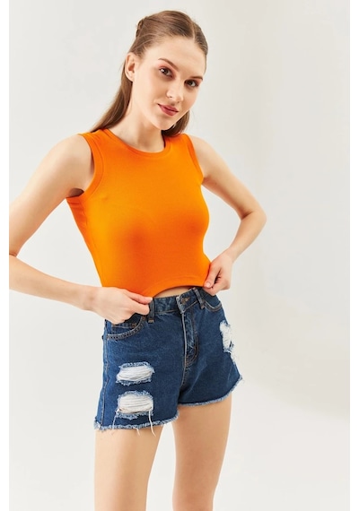Butikgiz Kadın Sıfır Kol Bisiklet Yaka Vücuda Oturan %100 Pamuklu Kaşkorse Esnek Crop Bluz Turuncu