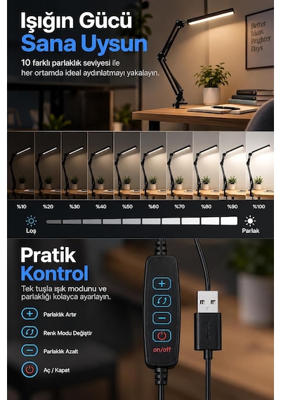 80 Led Uzun Kollu Kelepçeli Masa Lambası - 3 Renk 10 Kademe Parlaklık, 360 Ayarlanabilir Başlık, Usb Mimar Çalışma Okuma Çizim Lambası Bilgisayar Masası Lambası Akrobatik Lamba