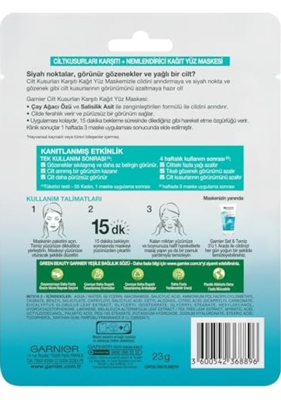 Vegan Saf&amp Temiz Cilt Kusurlarına Karşı Kağıt Yüz Maskesi