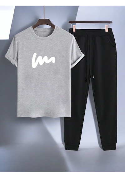 Uyguntarz Unisex W Yazı Tasarım Basklı Tshirt Eşofman Takımı Gri