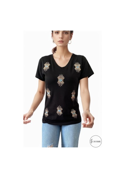 Cassime Kadın Kadın Siyah V Yaka Göz Pul Ve Nakış Işlemeli Tişört S-m-l-xl-2xl-3xl