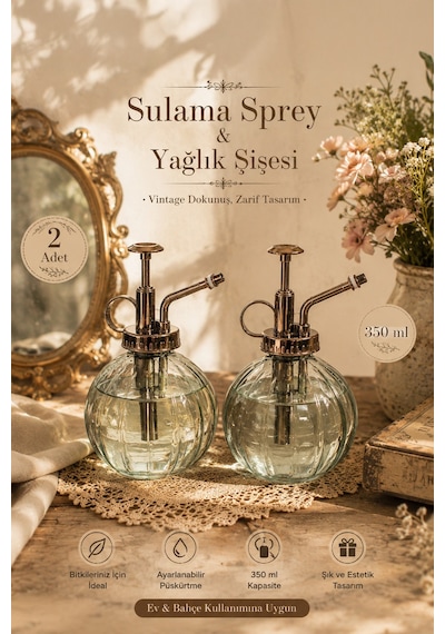 Porsima 15729 2'li Cam Sprey Şişe Seti 350 Ml Yeşil Cam Çiçek Bitki Sulama Püskürtücü & Sprey Yağdanlık