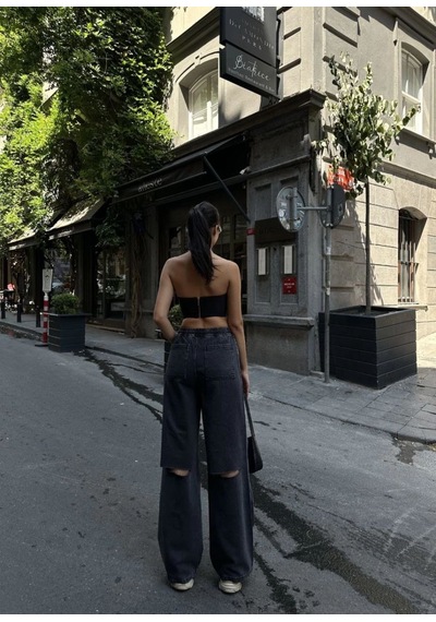 Kadın Arkadan Yırtmaçlı Jeans Kot Palazzo Pantolon - Siyah