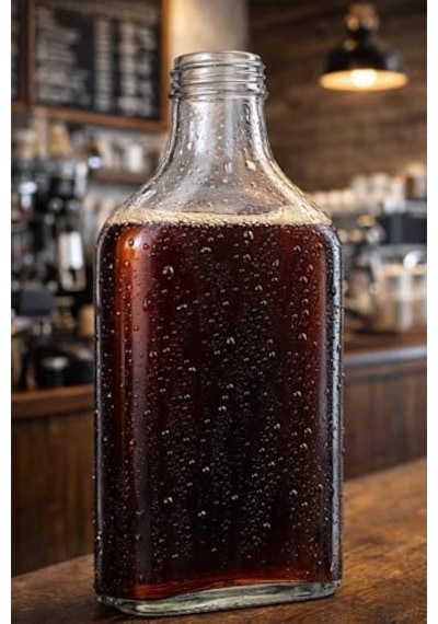 Afracam 200 Cc Kapaklı Cold Brew Şişesi 200 Ml Yassı Soğuk Kahve Cam Şişe 6 Adet Siyah Plastik