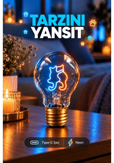 Dost Kediler Neon Dekoratif Masa Lambası Ampul Şeklinde Yeni Nesil Aydınlatma Kedi Arkadaş Çok Renkli