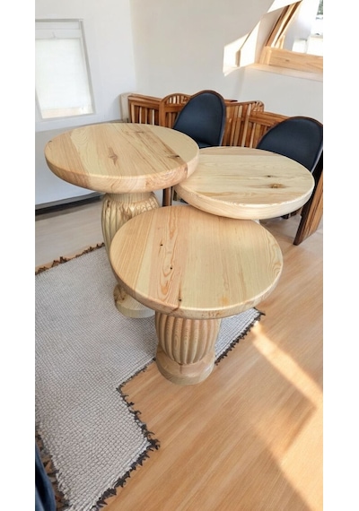 Wood Wooden Ahşap 3 Lü Set Fitilli Mantar Yan Sehpa Modern Naturel Renk Fiskos Kahverengi