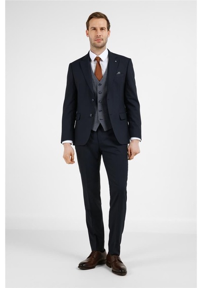 İmza Lacivert Mono Yaka Kazayağı Desen 6 Drop Slim Fit Takım Elbise 1001255173