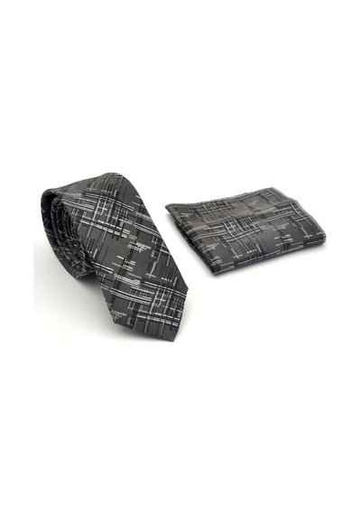 Gaffy Siyah Beyaz Kırcıl Desenli Gri Dokuma Kumaş Mendilli Slim Fit Kravat // Sdk-2611-3 Gri