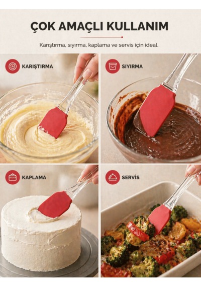 Beylini Silikon Spatula Premium Çok Amaçlı Esnek Uçlu Çıkarılabilir Başlıklı Isıya Dayanıklı Pasta Mutfak Kırmızı